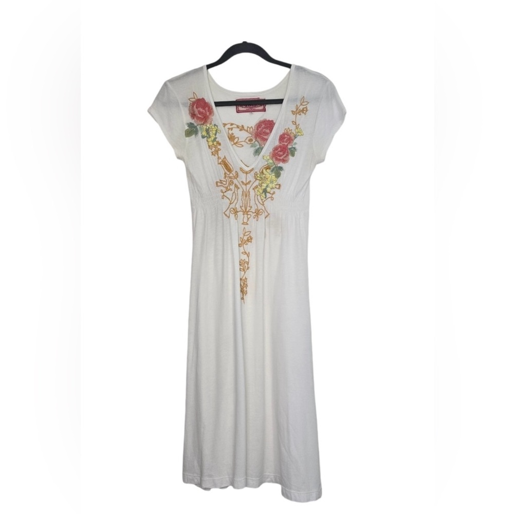 Johnny Was Rare JWLA White Floral Bird Love Embroidered Dress Boho-chic girly